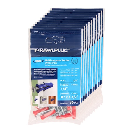 Rawlplug MULTI-PURPOSE ANCHOR 1/4 WITH SCREWS 8X1-3/4 (BAG OF 36) CASE OF 6, PK216 R-S0-UNO1/4+7-2-C